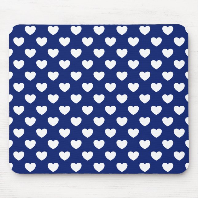 Dark Blue With White Hearts Polka Dot Pattern Mouse Pad (Front)