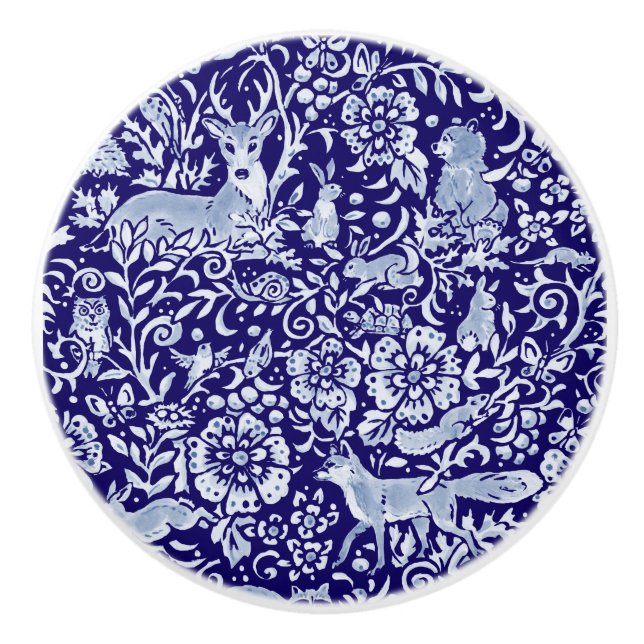 Dark Blue Woodland Animal Ornate Floral Beautiful Ceramic Knob (Front)