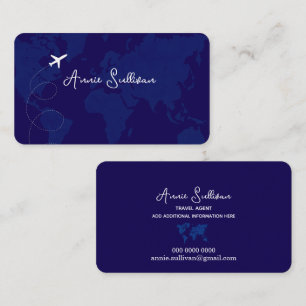 Dark Blue World Map and Plane Business Card