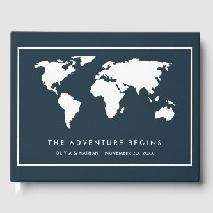 Dark Blue World Map   Elegant Travel Theme Guest Book