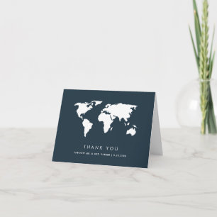 Dark Blue World Map   Elegant Travel Theme Wedding Thank You Card