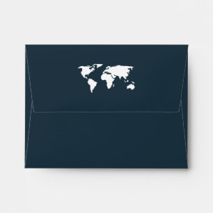 Dark Blue World Map   Elegant Travel Wedding RSVP Envelope