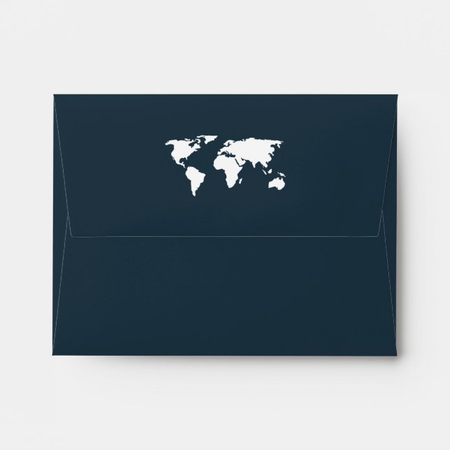Dark Blue World Map | Elegant Travel Wedding RSVP Envelope (Back (Top Flap))