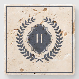 Dark Blue Wreath Crest, Frame & Monogram Stone Coaster
