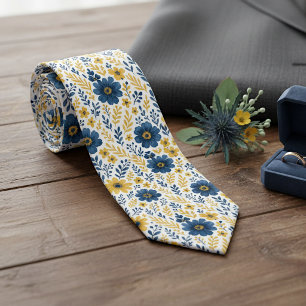 Dark Blue Yellow Summer Floral Wedding Neckti Tie