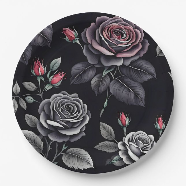 Dark Blush Roses Floral Art design Paper Plate (Front)