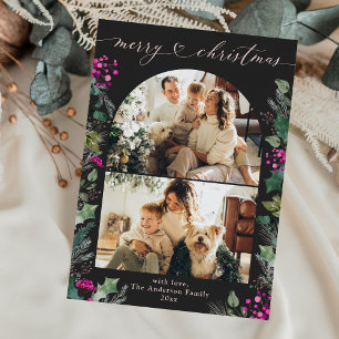 Dark Boho Fuchsia Botanicals 2 Photo Christmas Holiday Card