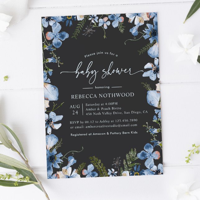Dark Boho Grey Blue Floral Boy Baby Shower Invitation (Creator Uploaded)