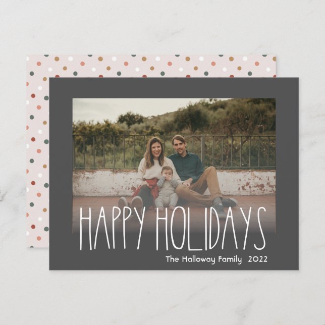 Dark Boho Polka Dot Happy Holidays Faded Photo Holiday Card (Front/Back)