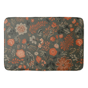 Dark Boho Terracotta Sage Botanical Pattern  Bath Mat