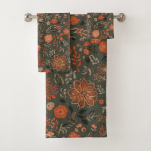Dark Boho Terracotta Sage Botanical Pattern  Bath Towel Set