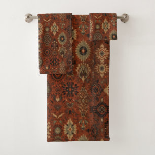 Dark Boho Terracotta Sage Botanical Pattern  Bath Towel Set