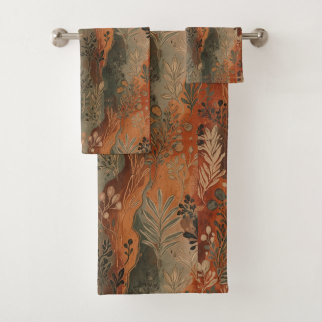 Dark Boho Terracotta Sage Botanical Pattern  Bath Towel Set (Insitu)