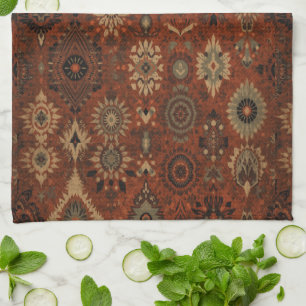 Dark Boho Terracotta Sage Botanical Pattern Kitchen Towel