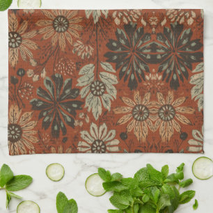 Dark Boho Terracotta Sage Botanical Pattern Kitchen Towel