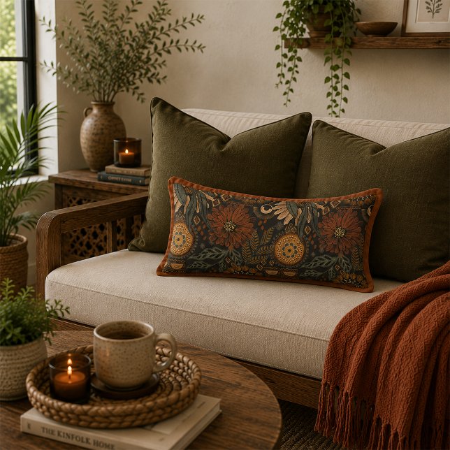 Dark Boho Terracotta Sage Botanical Pattern Lumbar Pillow (Creator Uploaded)
