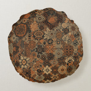 Dark Boho Terracotta Sage Botanical Pattern  Round Pillow