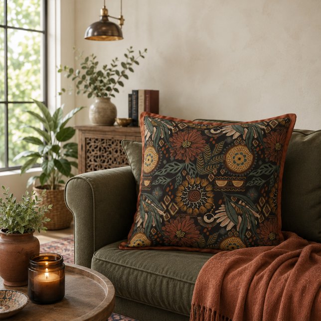 Dark Boho Terracotta Sage Botanical Pattern Throw Pillow (Creator Uploaded)