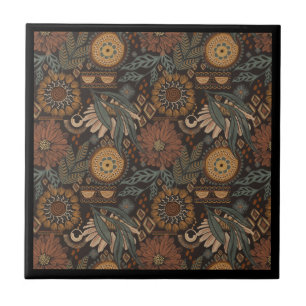 Dark Boho Terracotta Sage Botanical Pattern Tile