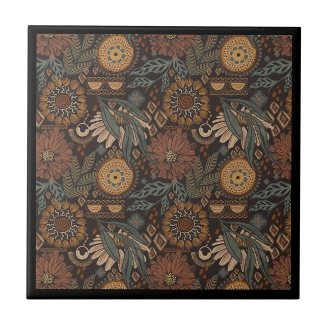 Dark Boho Terracotta Sage Botanical Pattern Tile (Front)