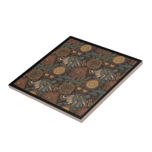 Dark Boho Terracotta Sage Botanical Pattern Tile