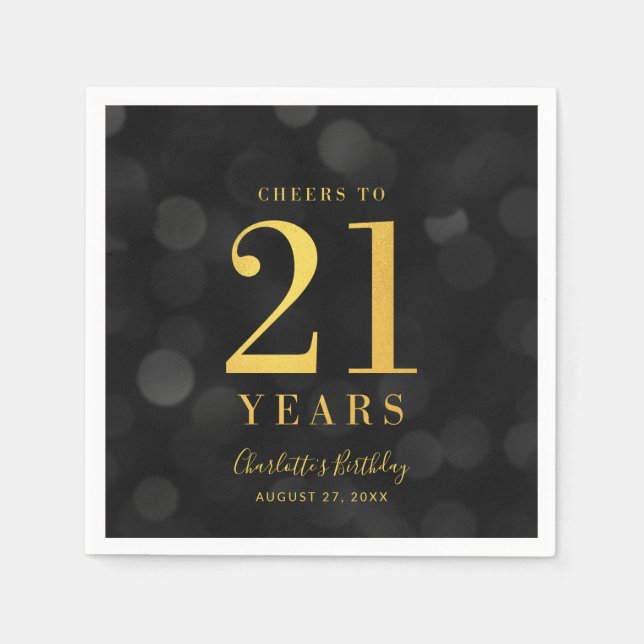 Dark Bokeh Faux Gold Cheers to 21 Years Birthday Napkin (Front)