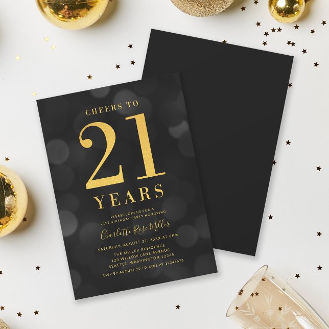 Dark Bokeh Gold Cheers to 21 Years Birthday Party Invitation (Creator Uploaded)