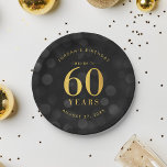 Dark Bokeh Gold Cheers to 60 Years Birthday Paper Plate<br><div class="desc">Chic 60th Birthday paper plate featuring the words "Cheers to 60 Years" in faux gold foil against a dark grey bokeh lights pattern background. Personalize this with your details by replacing the placeholder text. For more options such as to change the font, text size/colour or the spacing between letters click...</div>