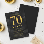 Dark Bokeh Gold Cheers to 70 Years Birthday Party Invitation<br><div class="desc">Classy 70th Birthday Party invitation featuring the words "Cheers to 70 Years" in faux gold foil against a dark grey bokeh pattern background. Invitation has a dark grey background back side. Personalize this invitation with your details by replacing the placeholder text. For more options such as to change the font,...</div>