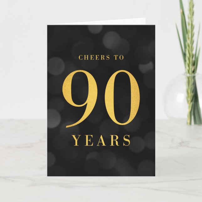 Dark Bokeh Gold Cheers to 90 Years Birthday Card (Front)