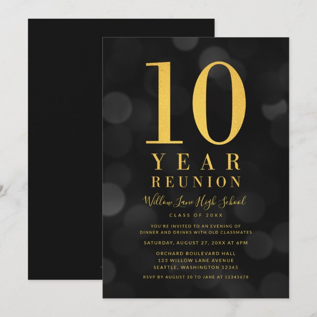 Dark Bokeh Lights 10 Year Class Reunion Invitation (Front/Back)