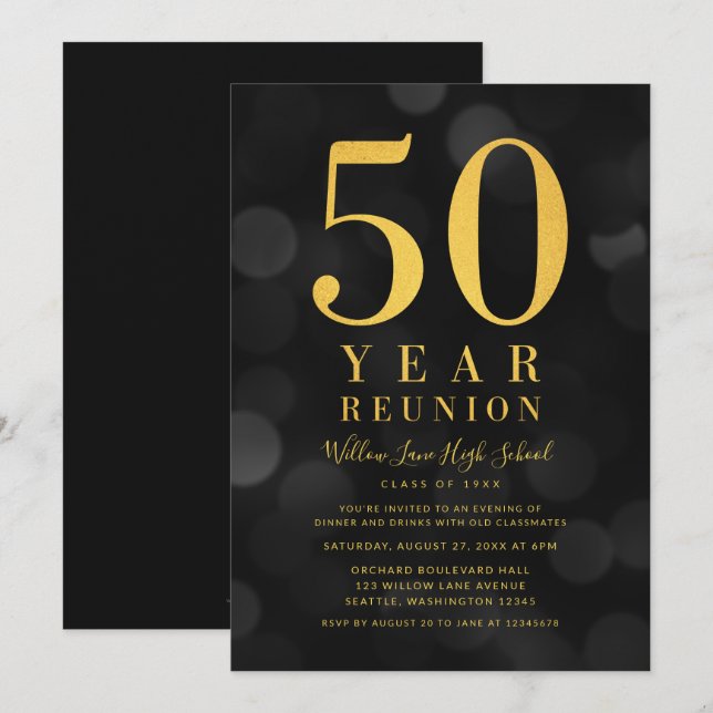Dark Bokeh Lights 50 Year Class Reunion Invitation (Front/Back)