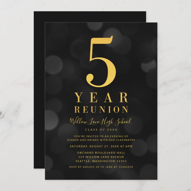 Dark Bokeh Lights 5 Year Class Reunion Invitation (Front/Back)