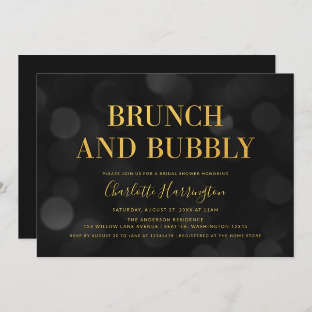 Dark Bokeh Lights Brunch and Bubbly Bridal Shower Invitation (Front/Back)