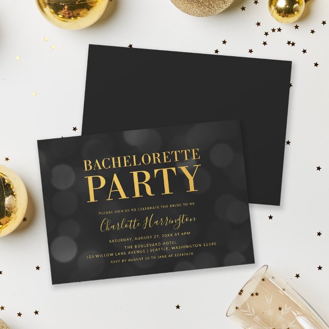 Dark Bokeh Lights Faux Gold Bachelorette Party Invitation (Creator Uploaded)
