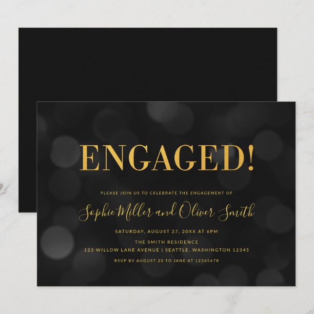 Dark Bokeh Lights Faux Gold Engagement Party Invitation (Front/Back)