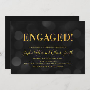 Dark Bokeh Lights Faux Gold Engagement Party Invitation