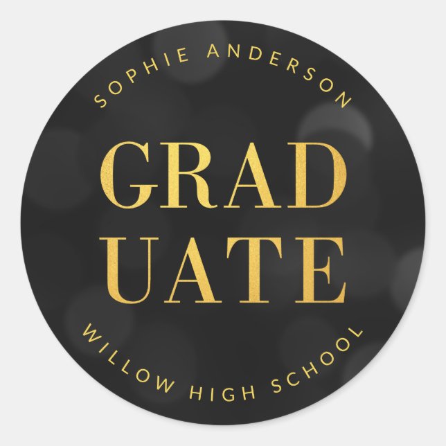 Dark Bokeh Lights Faux Gold Graduate Classic Round Sticker (Front)