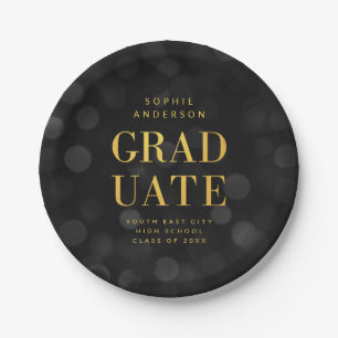 Dark Bokeh Lights Faux Gold Graduate Graduation Paper Plate