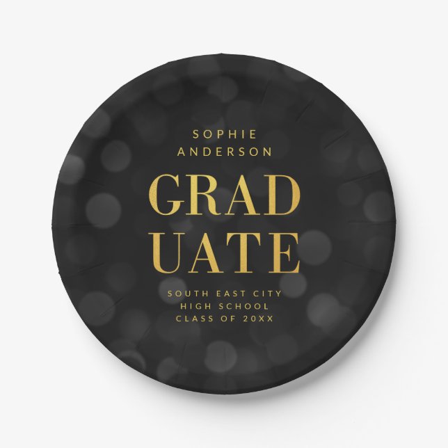Dark Bokeh Lights Faux Gold Graduate Graduation Paper Plate (Front)