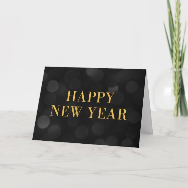 Dark Bokeh Lights Faux Gold Happy New Year Holiday Card (Front)