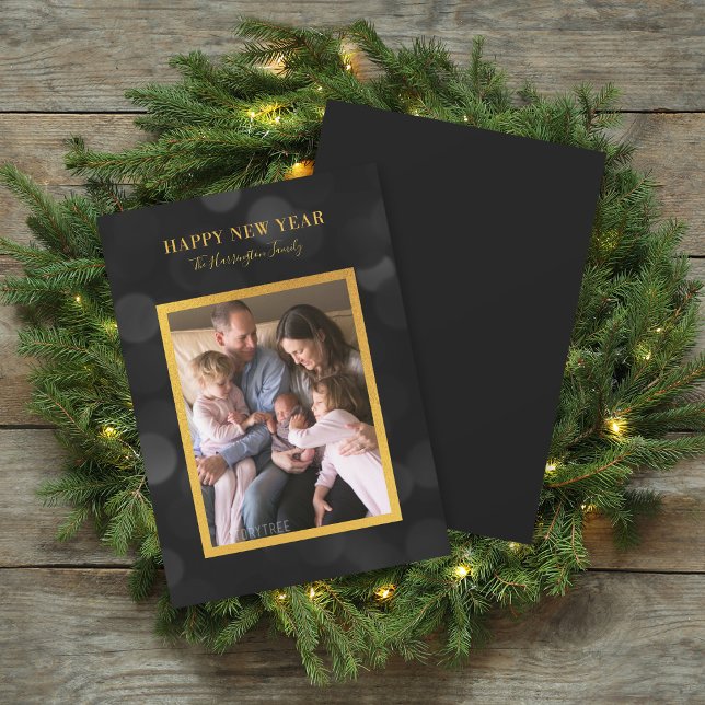Dark Bokeh Lights Faux Gold Happy New Year Holiday Card (Creator Uploaded)