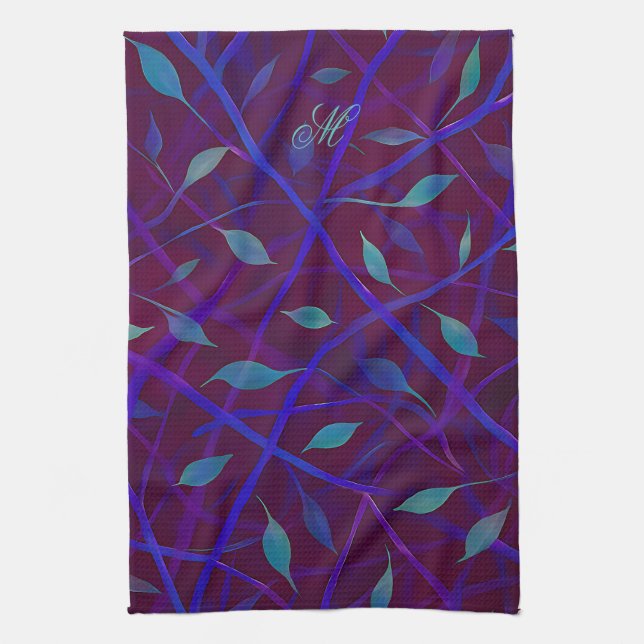 Dark Botanical Burgundy Jewel Foliage Monogram Kitchen Towel (Vertical)