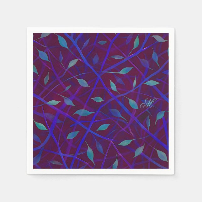 Dark Botanical Burgundy Jewel Foliage Monogram Napkin (Front)