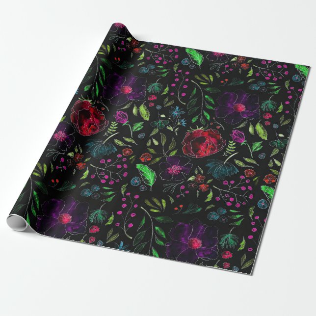 DARK BOTANICAL FLORAL WRAPPING PAPER SHEETS  (Unrolled)