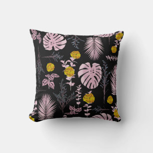 Dark botanical, flowers leaves pattern. throw pillow