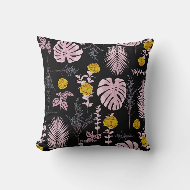 Dark botanical, flowers leaves pattern. throw pillow (Front)