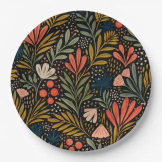 Dark Botanical Folk Floral garden Pattern Paper Plate