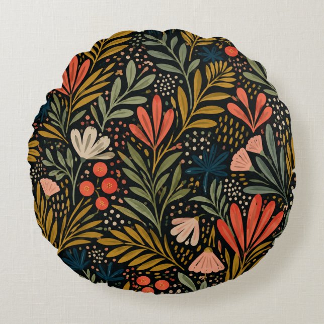 Dark Botanical Folk Floral garden Pattern  Round Pillow (Front)
