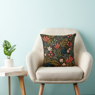 Dark Botanical Folk Floral garden Pattern Throw Pillow